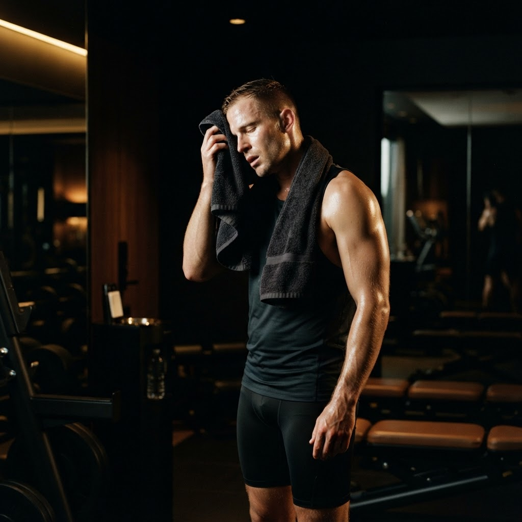 Active person using a towel after exercise as part of a freshness routine