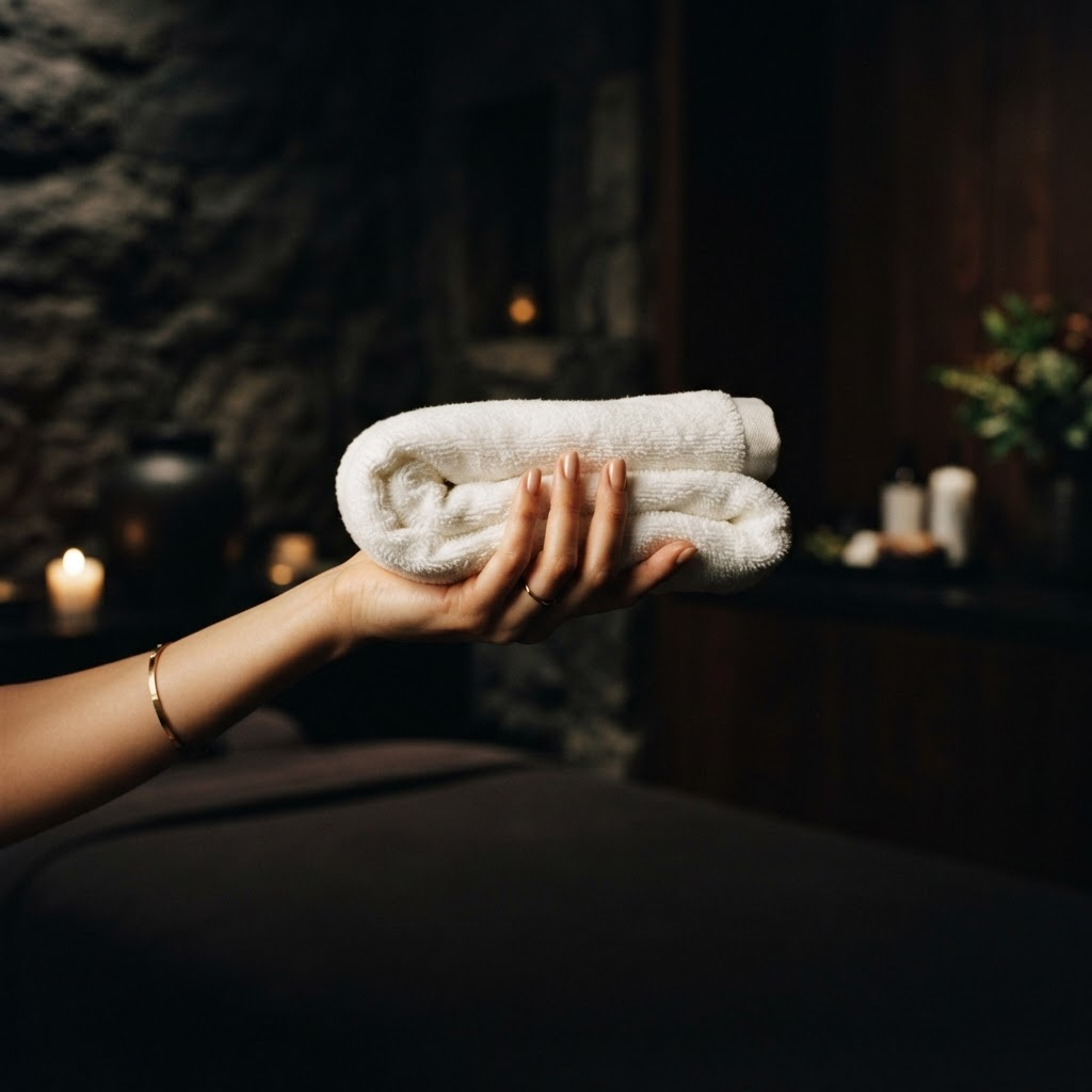 Salon professional preparing a premium wet towel for a client